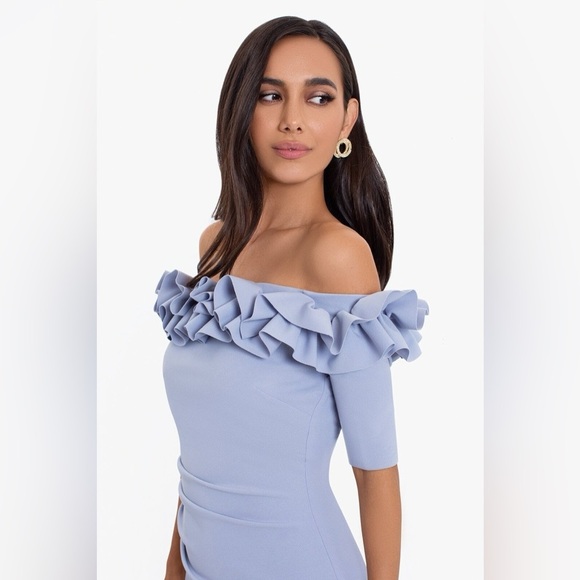 🌟 XSCAPE Ruffle Off-Shoulder Gown | Size 16W | Soft Blue Elegance - Picture 3 of 7